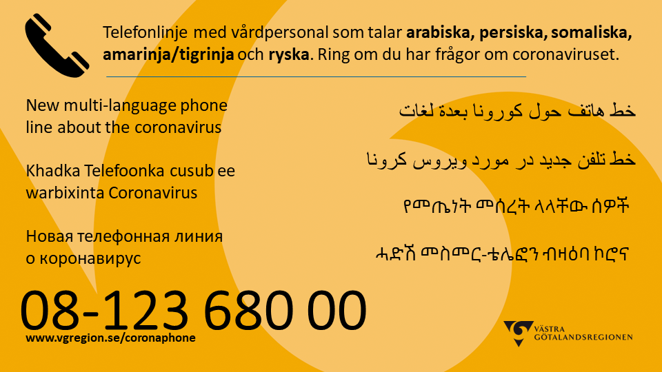 Telefonlinje med vårdpersonal som talar arabiska, persiska, somaliska, amarinja/tigrinja och ryska. Ring 0812368000 om du har frågor om coronaviruset. 