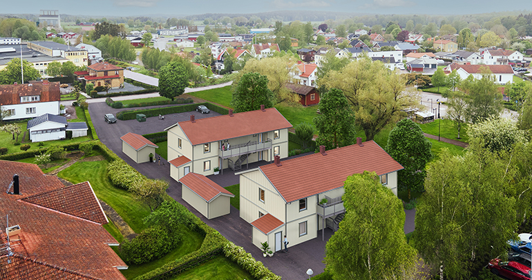 Bilden är en skiss på bostadsbyggnation på kvarteret Skatan i Nossebro