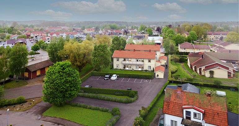 Bilden är en skiss på bostadsbyggnation på kvarteret Skatan i Nossebro