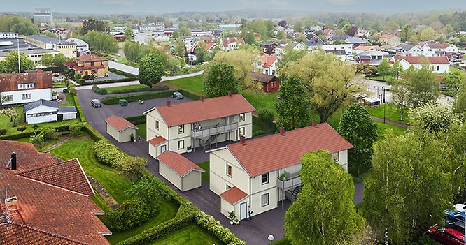 Bilden är en skiss på bostadsbyggnation på kvarteret Skatan i Nossebro
